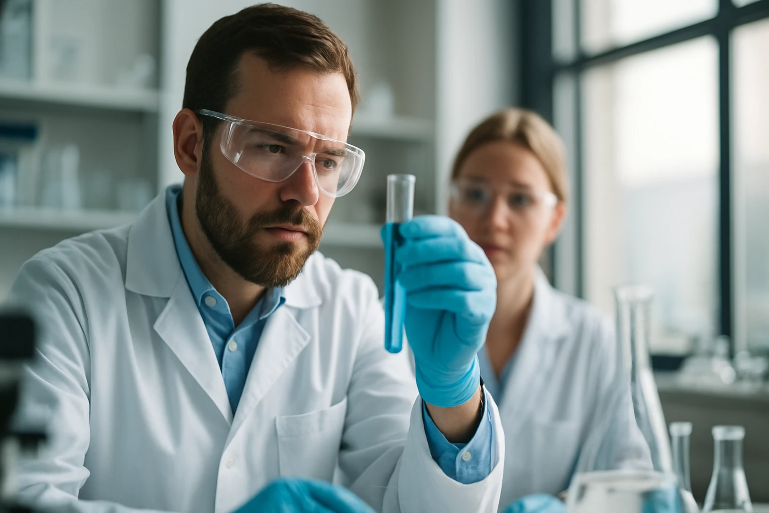 Két tudós laboratóriumban akvamarint vizsgálva.