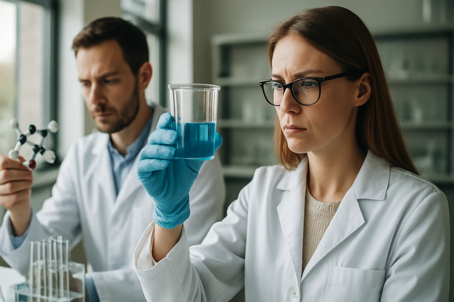 Két kutató laboratóriumi környezetben, különböző vegyi anyagokat vizsgálva, bárium-oxid alkalmazásokkal kapcsolatban.