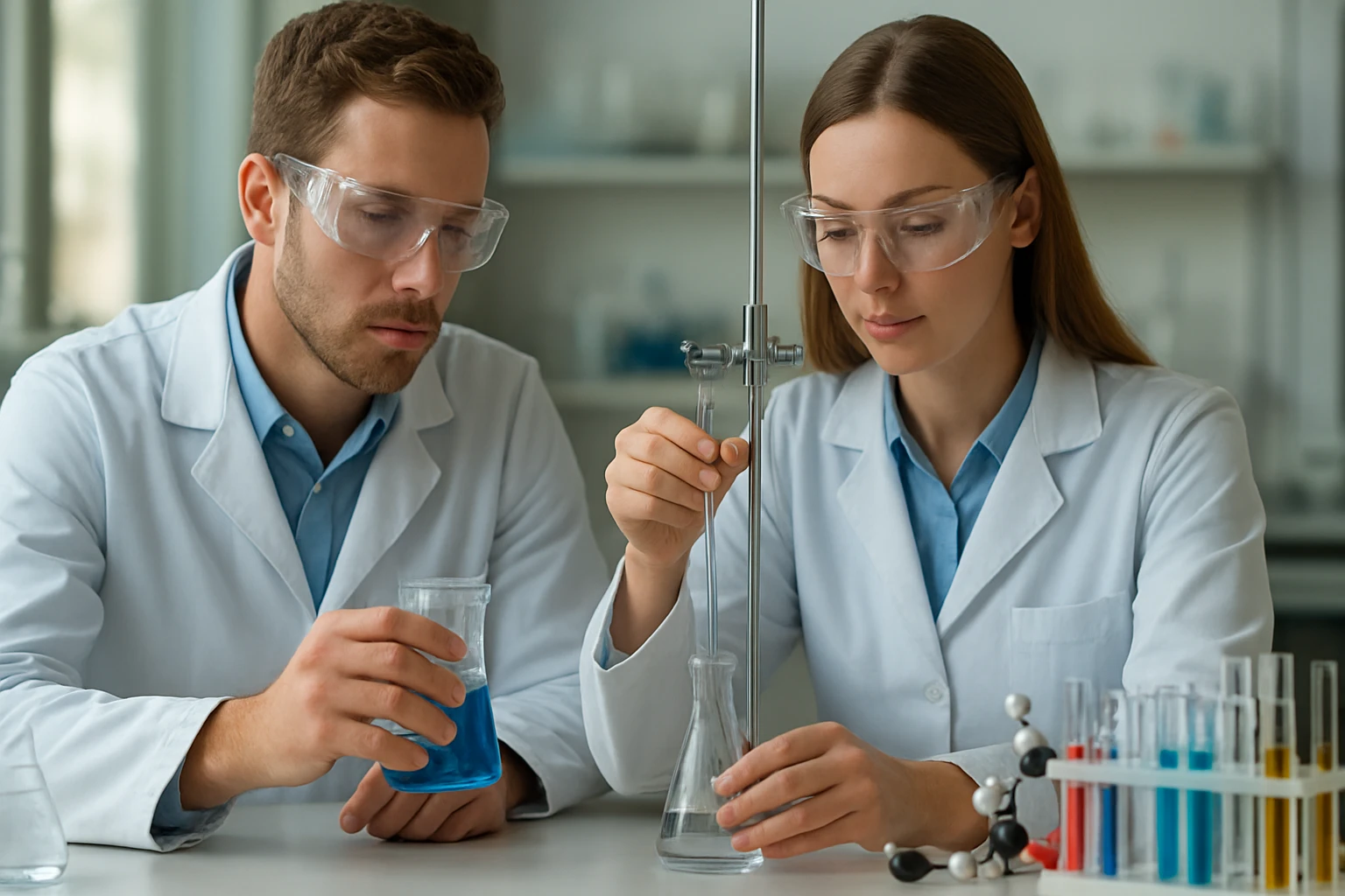 Két tudós laboratóriumban, vegyületeket elemezve élelmiszer-színezékekhez.