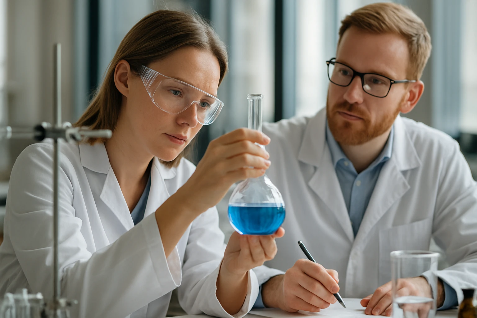 Két vegyész kísérletez egy laboratóriumban bázikus anyagokkal.