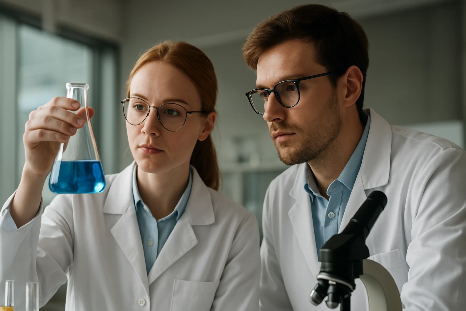 Két fiatal tudós bázisos oxidokkal végzett kísérletet laboratóriumban.
