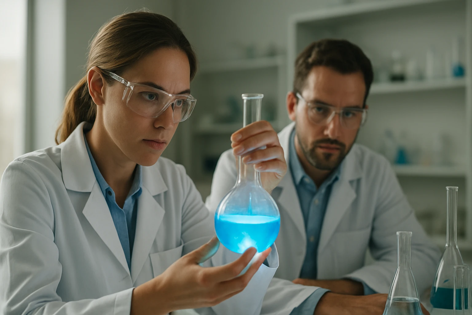 Két tudós kémiai reakciók vizsgálata laboratóriumban.