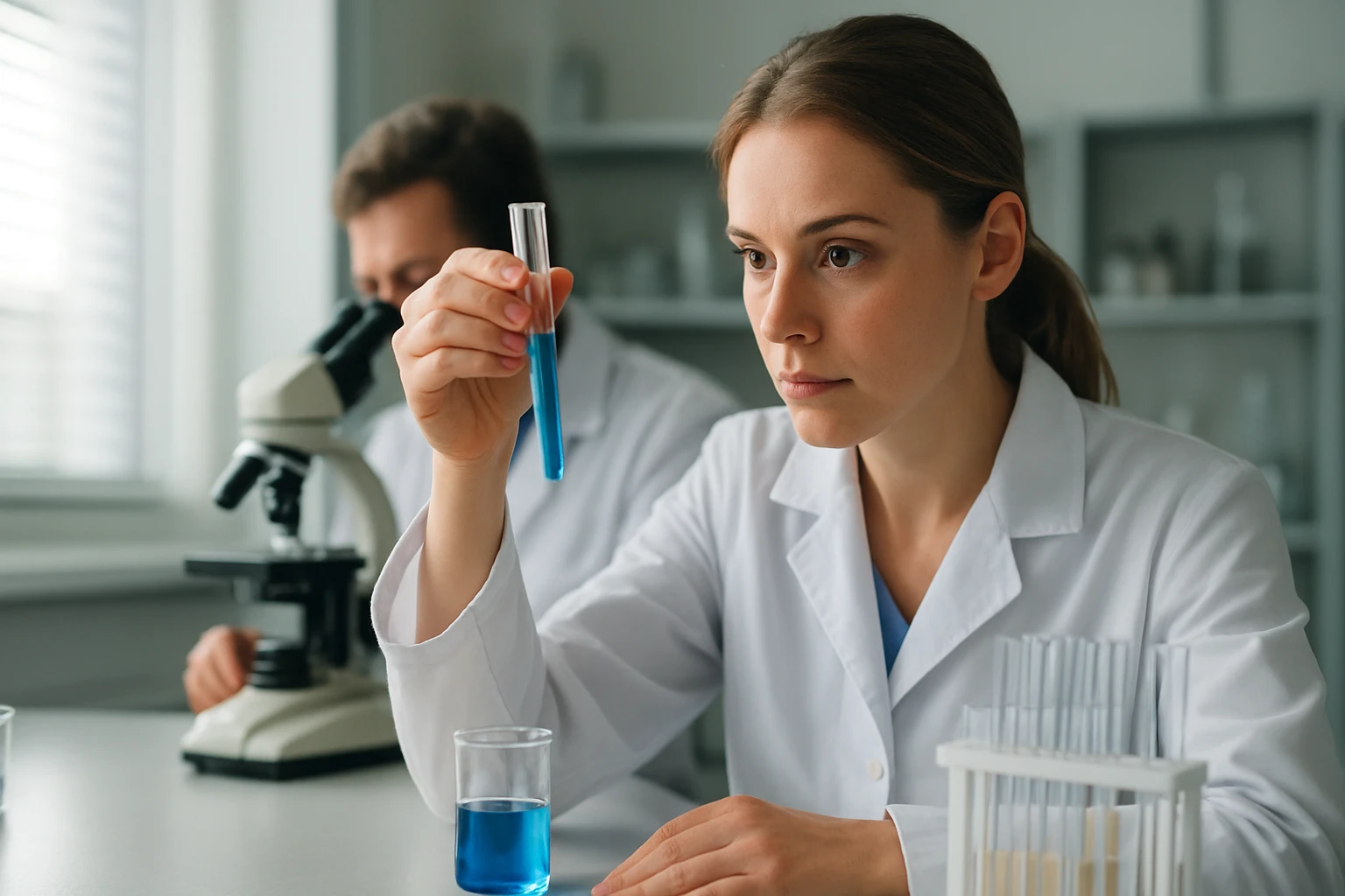 Női kémikus laboratóriumban, kémcsövet tartva, kék folyadékkal