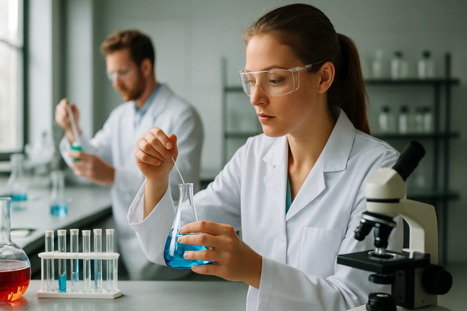 Kémikusok laboratóriumban, benzin előállításával kapcsolatos kutatás.