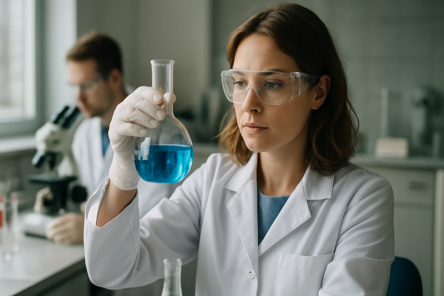 Kémikus laboratóriumban, kék folyadékkal töltött kémcsővel