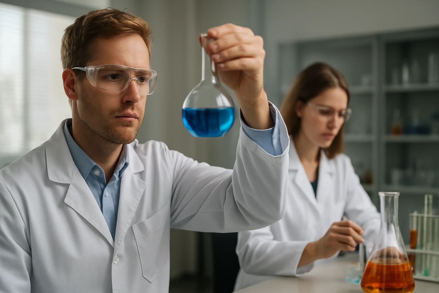 Két kutató laboratóriumban, kémiai kísérletek végzése közben.