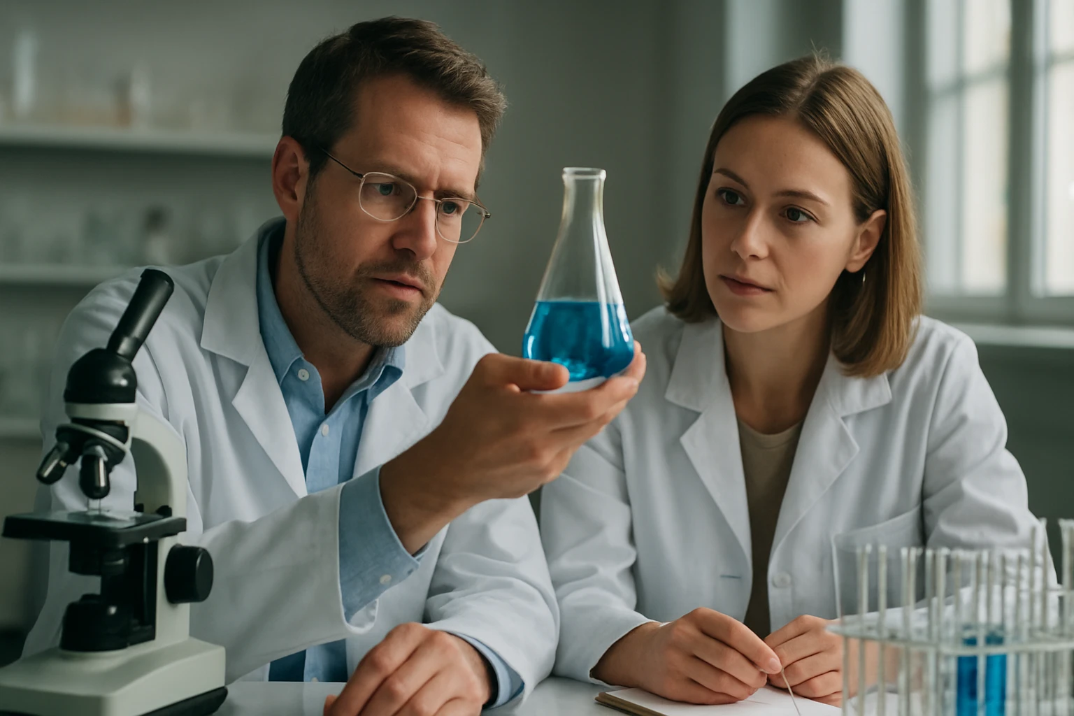 A benzoesav-metilészter képlete, tulajdonságai és alkalmazási területei Két tudós a laborban, benzoesav-metilészert vizsgálva kék folyadékban.