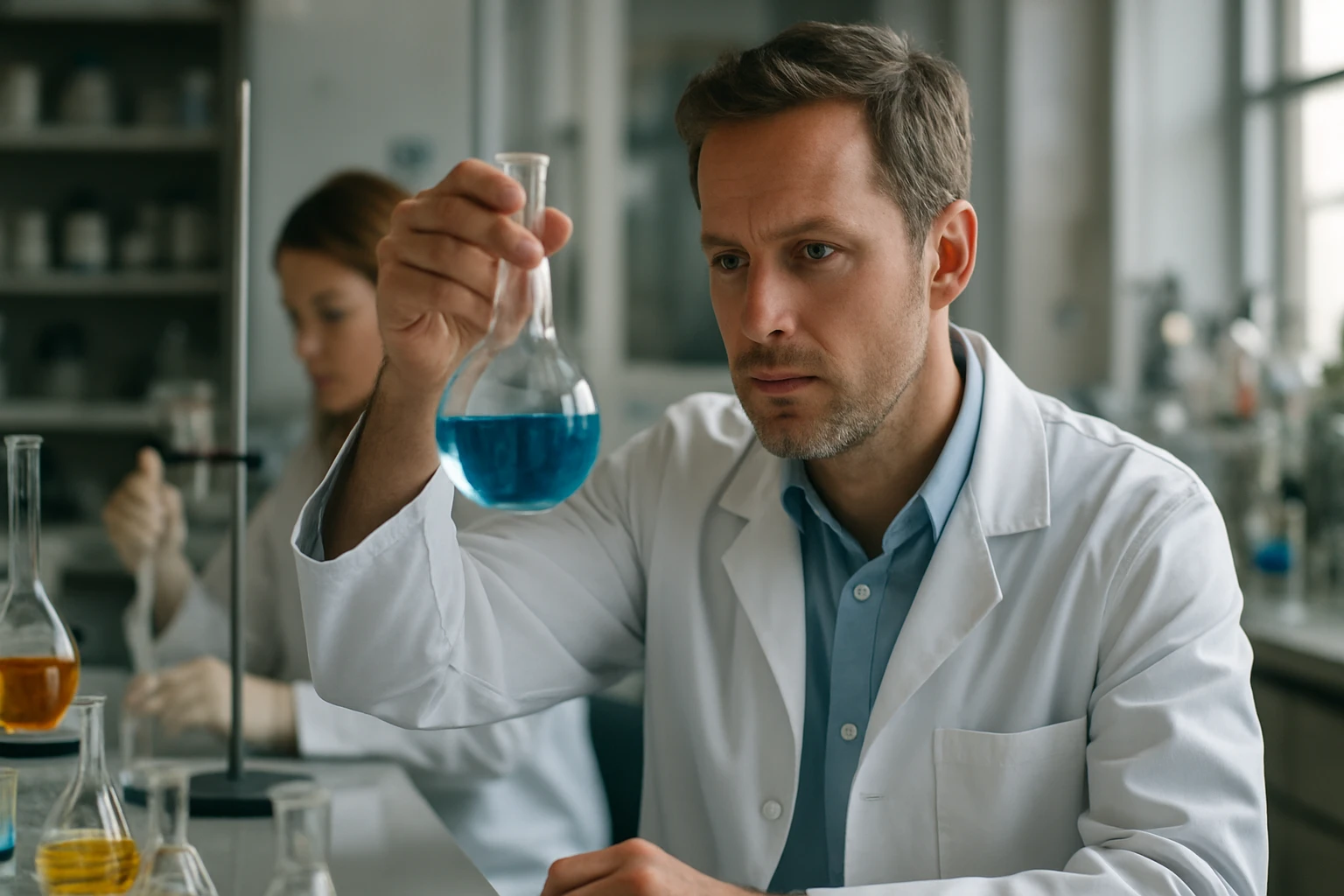 Laboratóriumi kémikus benzoil-benzolt vizsgál a laboratóriumban