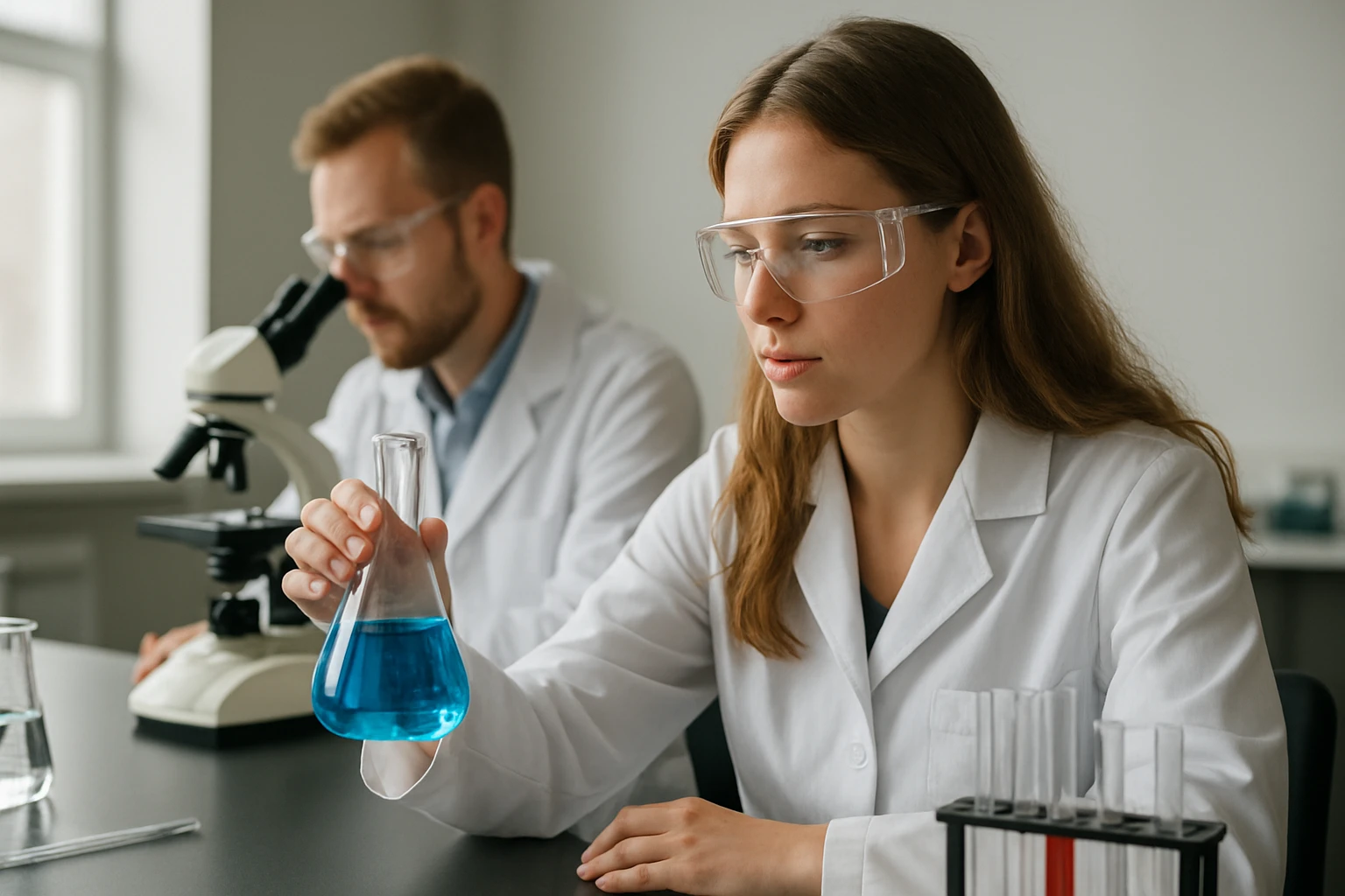 Kémikusok laboratóriumi kísérletezés közben benzol vegyületekkel