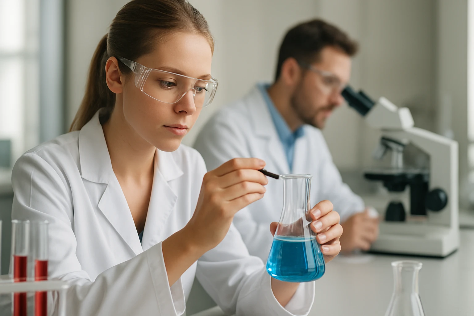 Laboratóriumi kísérlet benzolszulfonsavval dolgozó kutató