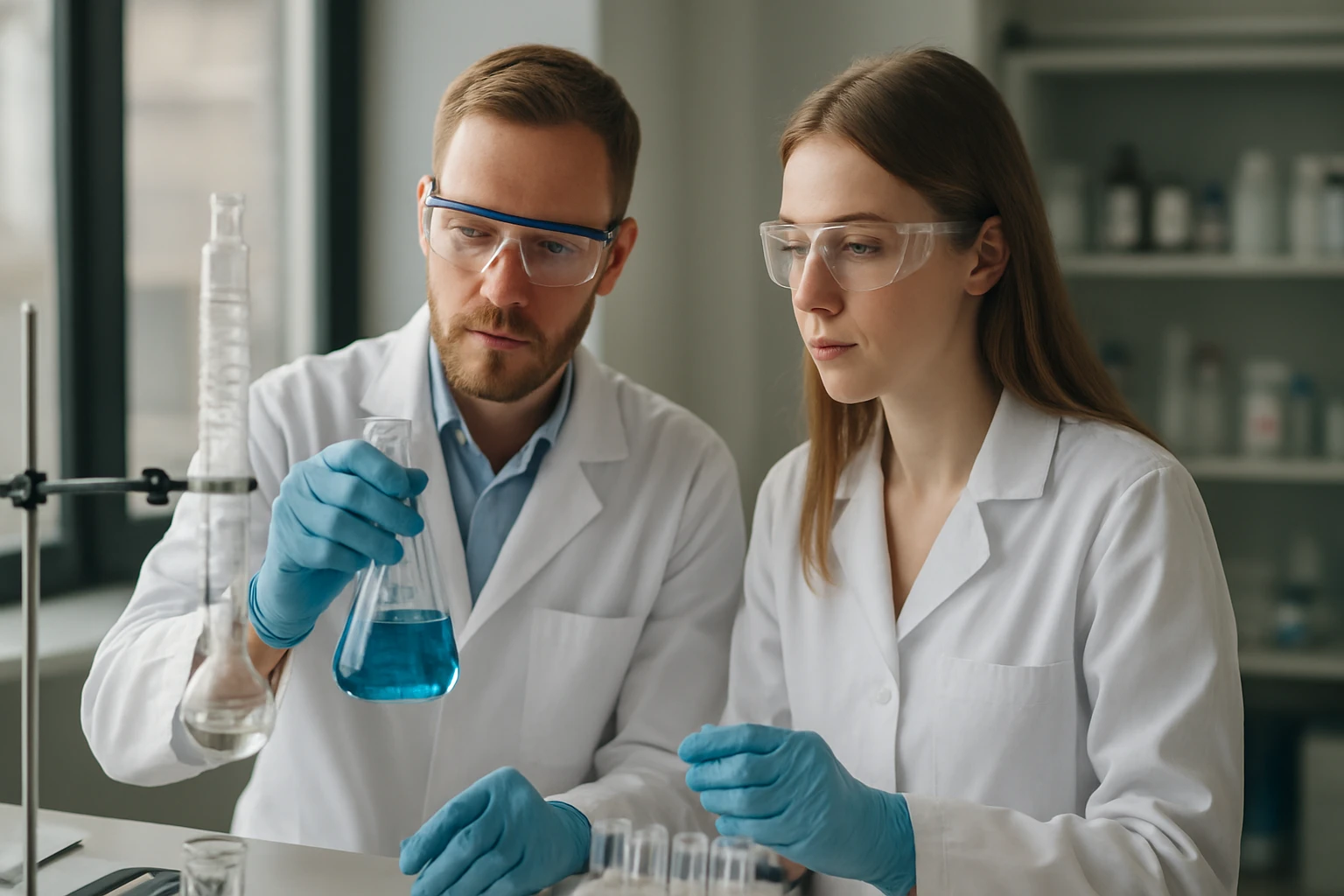 Két kutató dolgozik a laborban benzopirrol vegyületekkel.