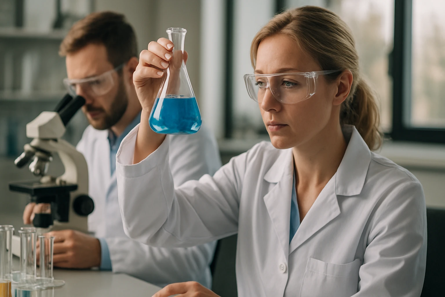 Laboratóriumi kutatók laboratóriumi kémiai kísérlet közben