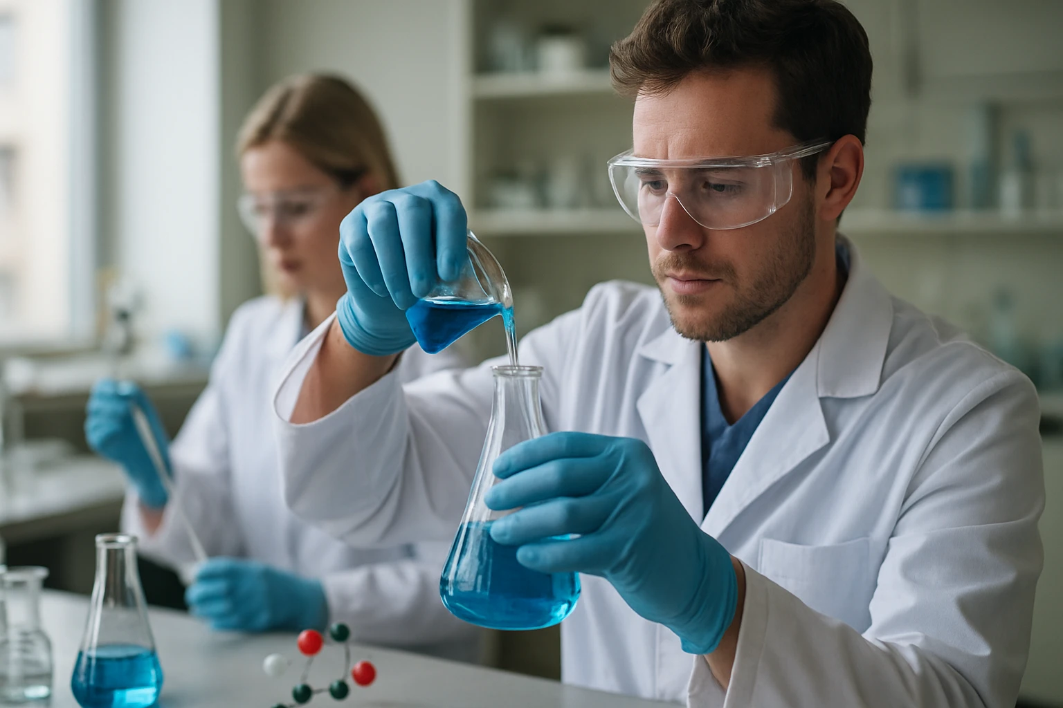 Kutatók benzoxazol kémiai vegyületekkel laboratóriumban