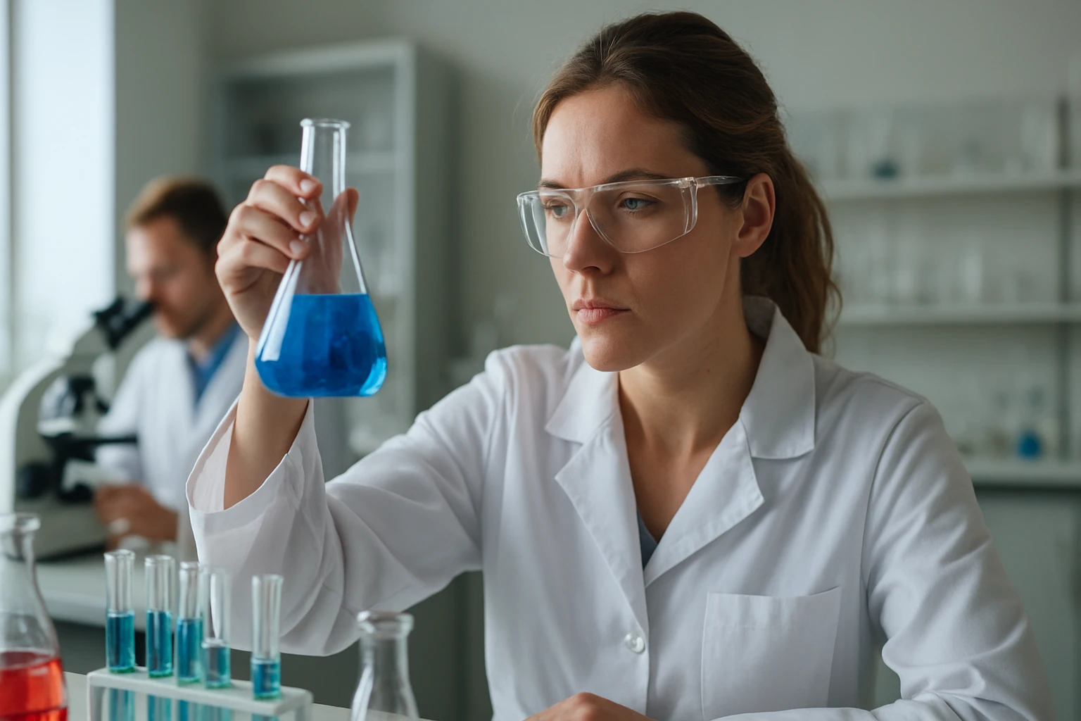 Egy vegyész laboratóriumban kék folyadékot vizsgál