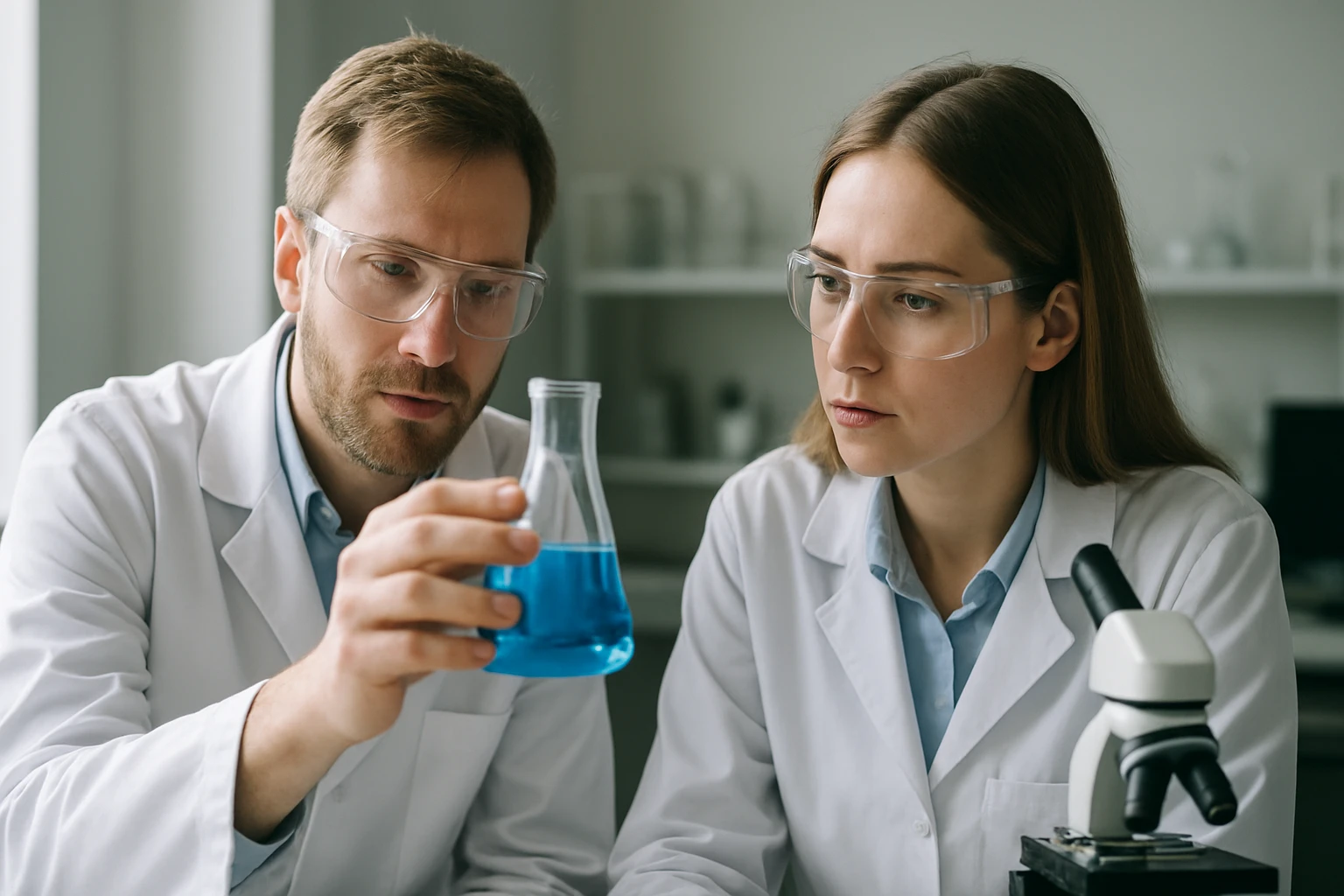 Kémiai kísérlet: Berill tulajdonságait vizsgáló laboratóriumi szakemberek.