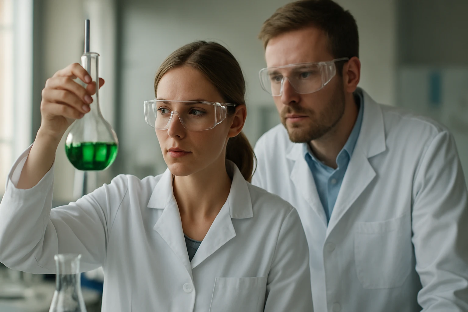 Kémikusok laborban bérillat vizsgálata zöld folyadékkal.