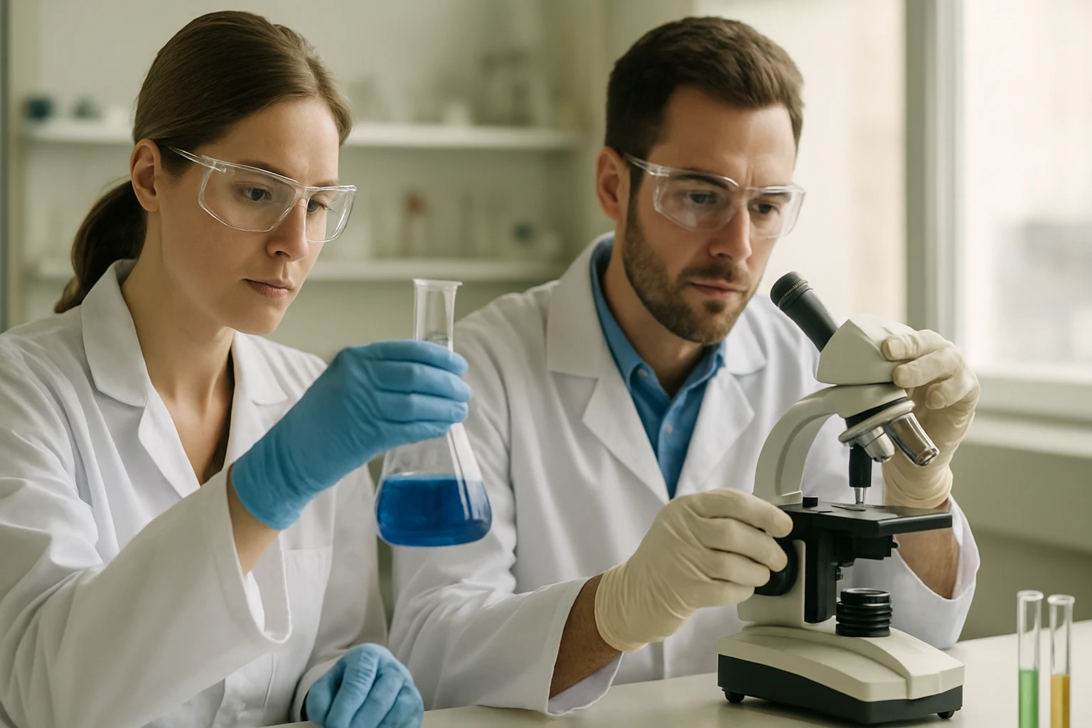 Két tudós laboratóriumban, berilliummal kapcsolatos kísérletet végeznek