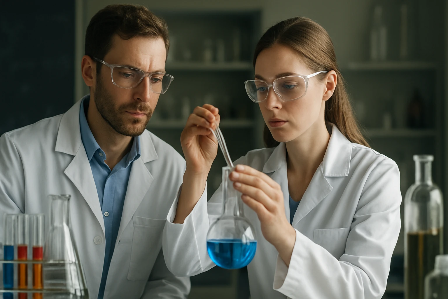 Két laboratóriumi szakember beryllium-oxid kísérletet végez