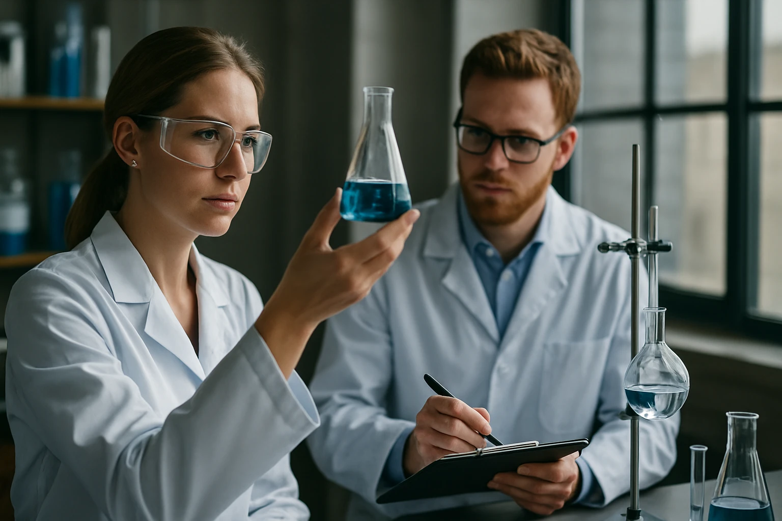 Két tudós kísérletet végez a laborban, béta-ketosavakkal kapcsolatos analízisen.