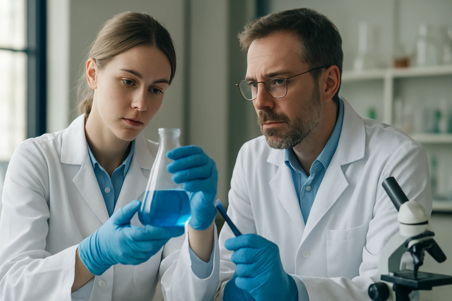 Béta-naftol: Képlete, Jellemzői és Ipari Felhasználása Két tudós laboratóriumban kék folyadékot vizsgál.