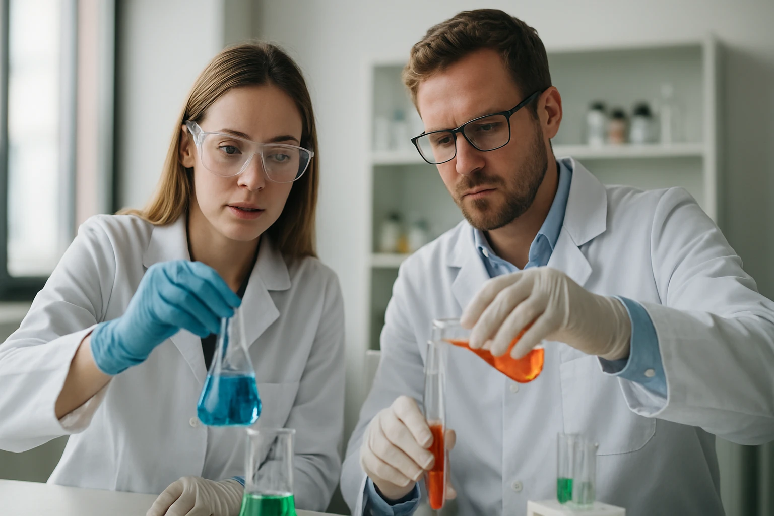 Két tudós laboratóriumban dolgozik különböző vegyszerekkel.