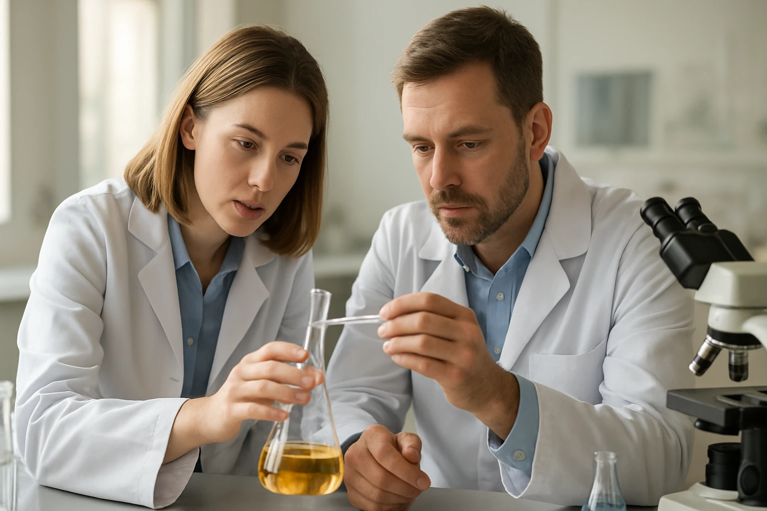 Két vegyész laboratóriumi környezetben, kémiai kísérletezés közben.