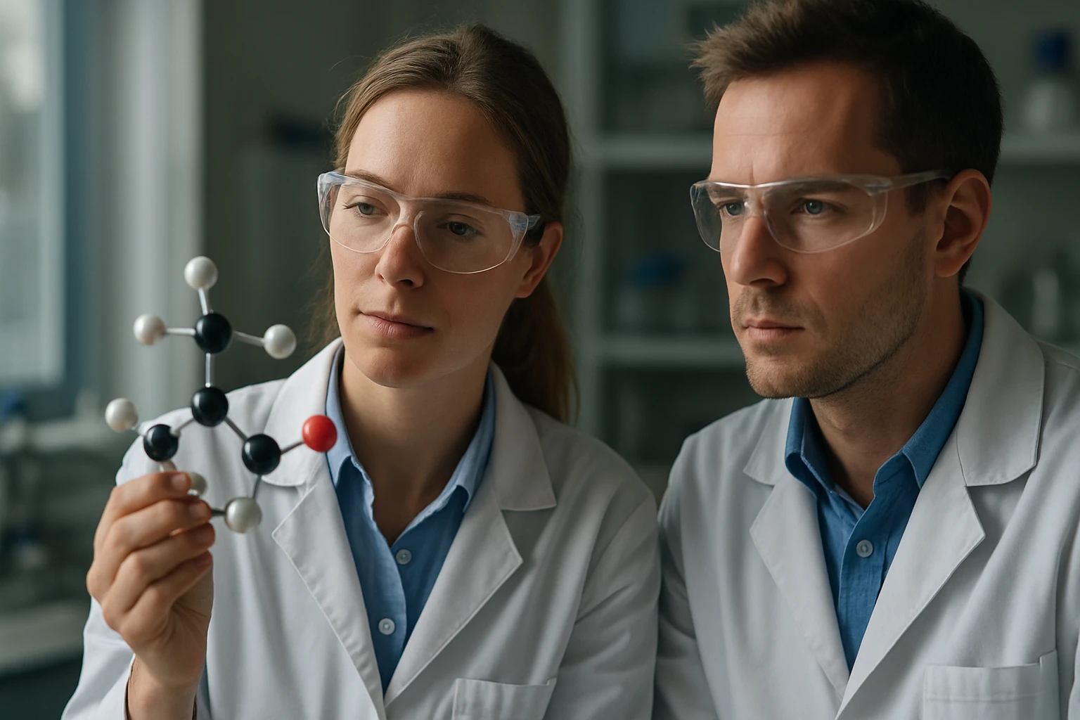 Kémikusok molekulamodellel a laborban