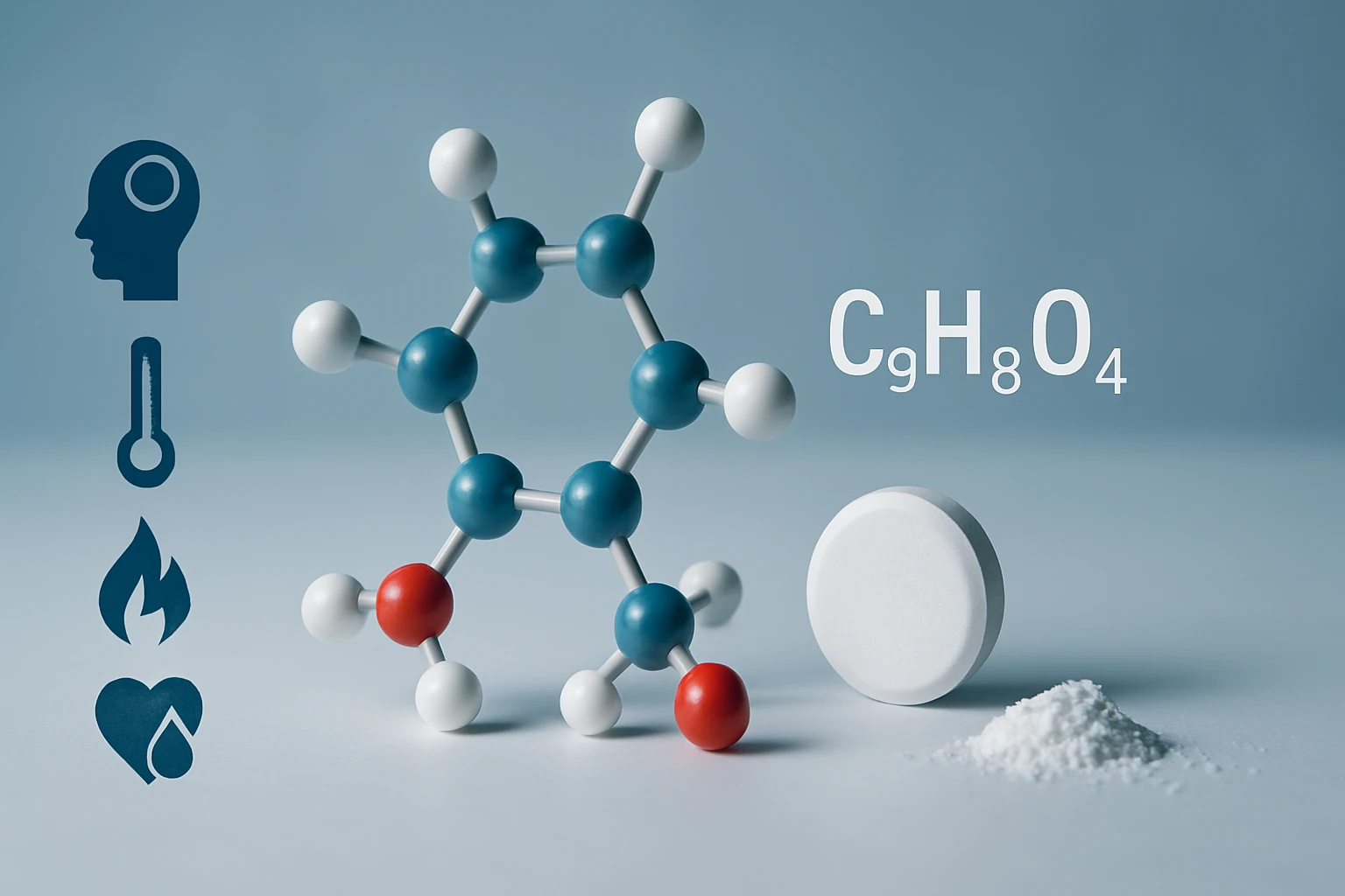 Molekula modellje, C9H8O4 képlettel, mellette egy tabletta és por.