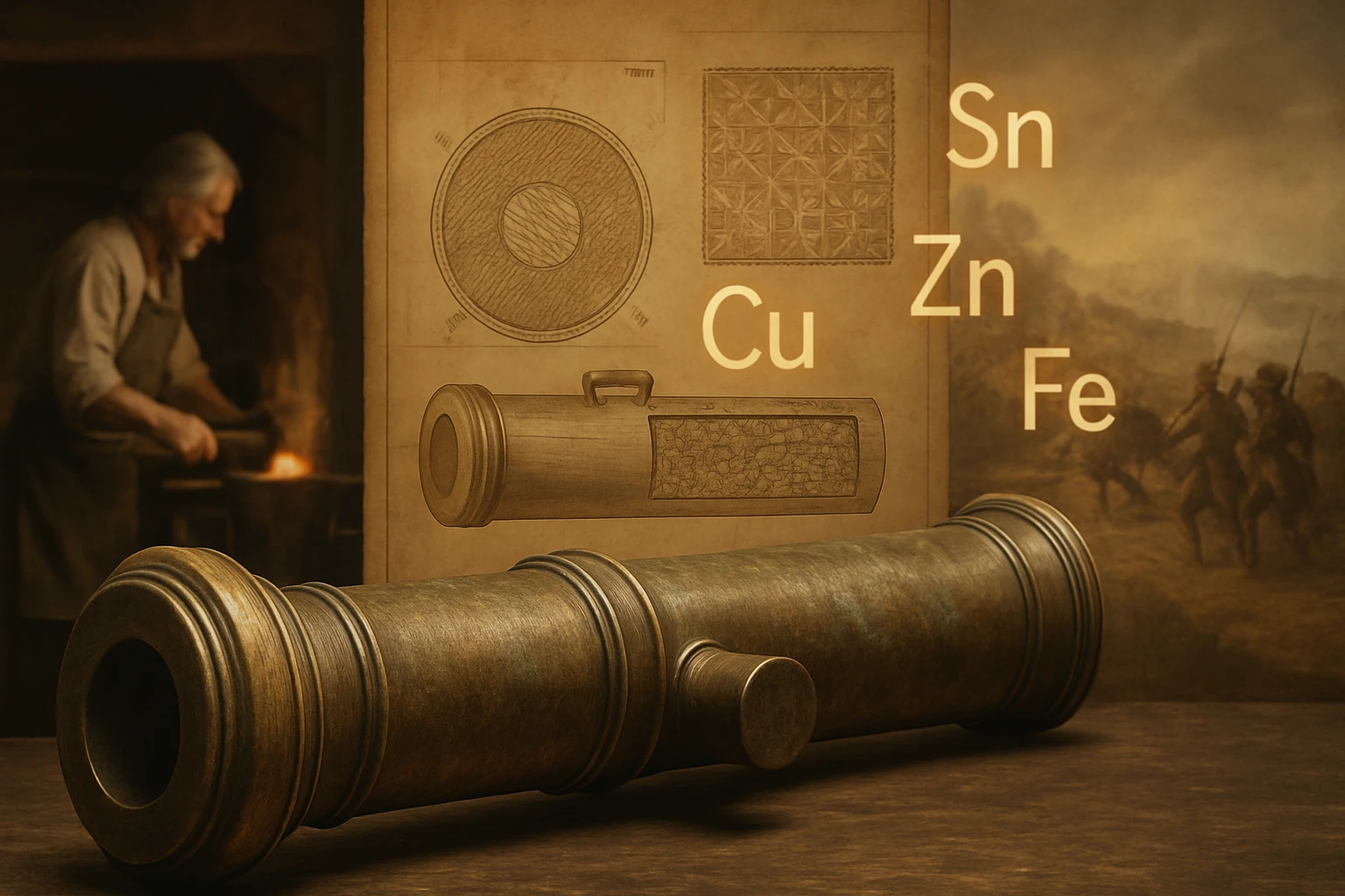 Régi ágyú, háttérben kémiai elemekkel és rajzokkal.