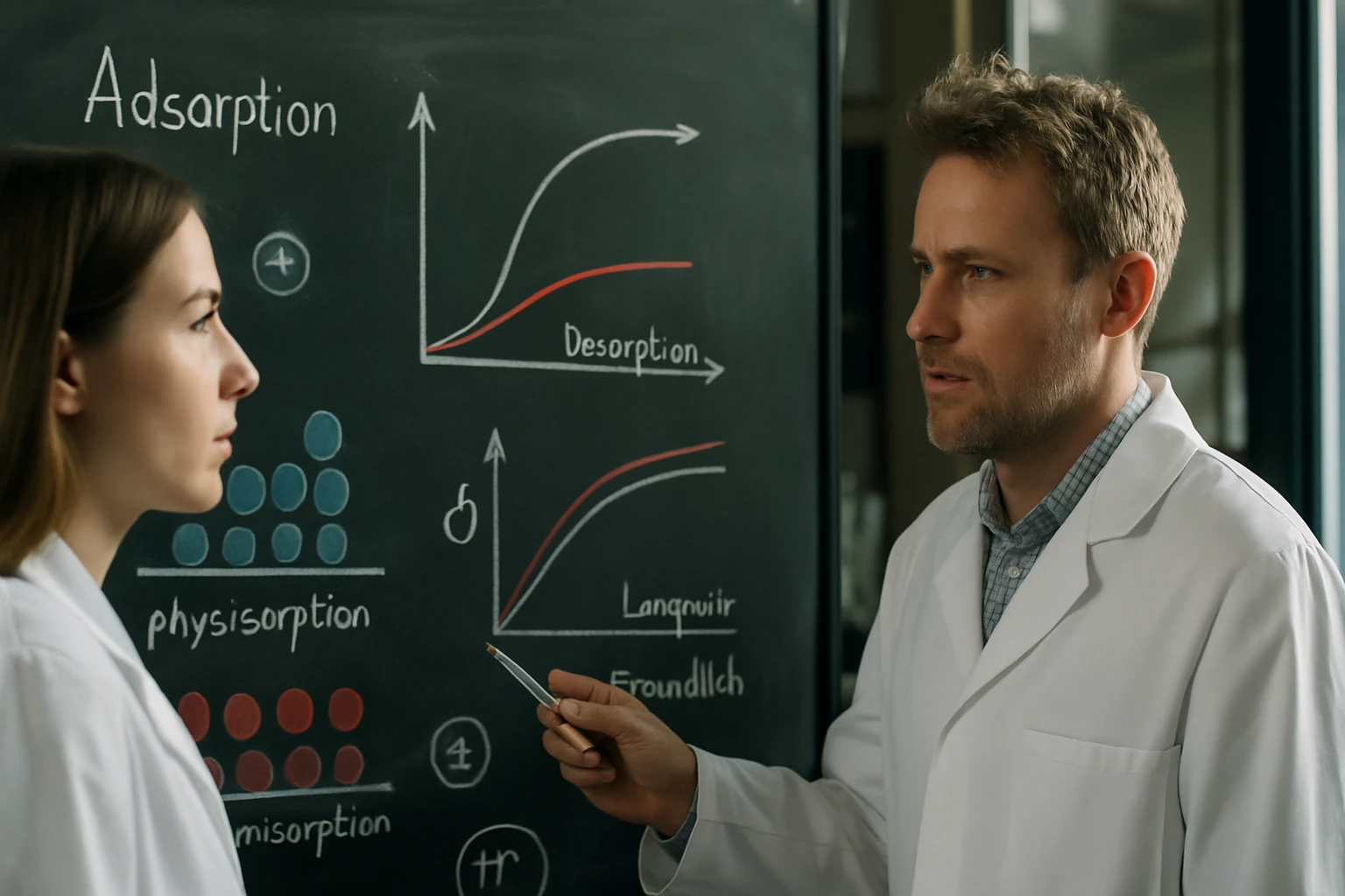 Két tudós beszélget a kémiai adszorpcióról, grafikonokkal a táblán.