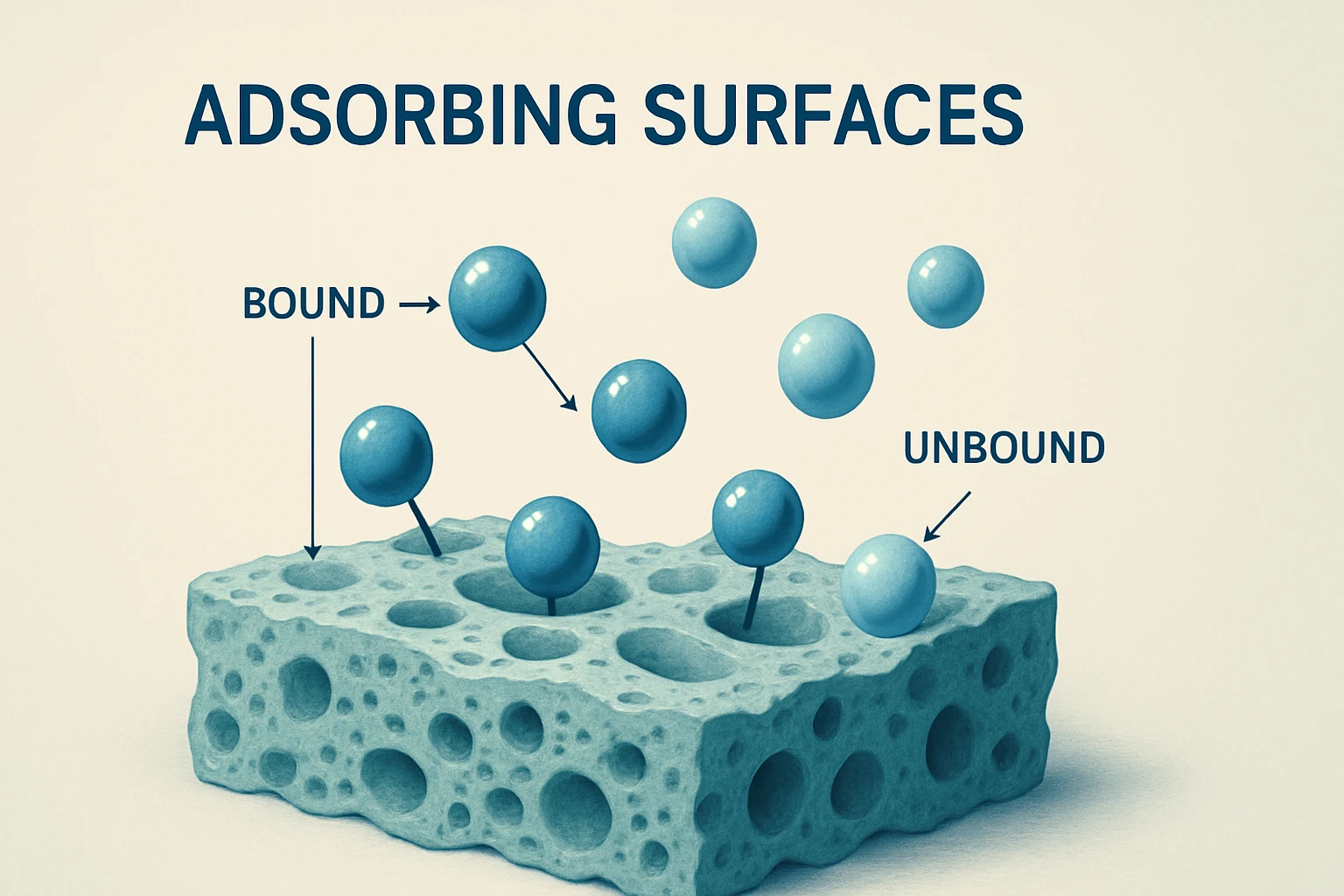 Kémiai adszorpciós folyamatot bemutató illusztráció, kötött és szabad molekulákkal.