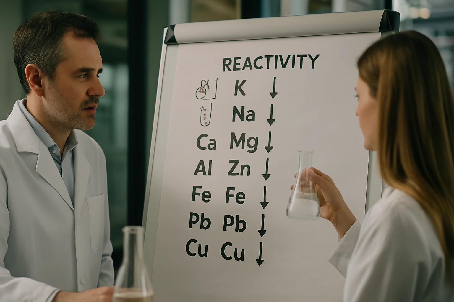 Két kémikus egy táblán a reaktivitási sorozatot mutatják be, kémiai üvegwarekkel.