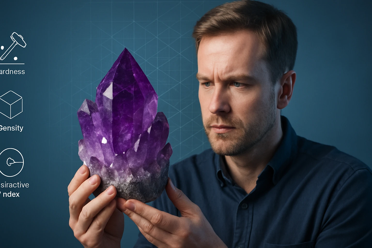 Egy férfi egy lila kristályt tart a kezében, figyelmesen vizsgálva azt.