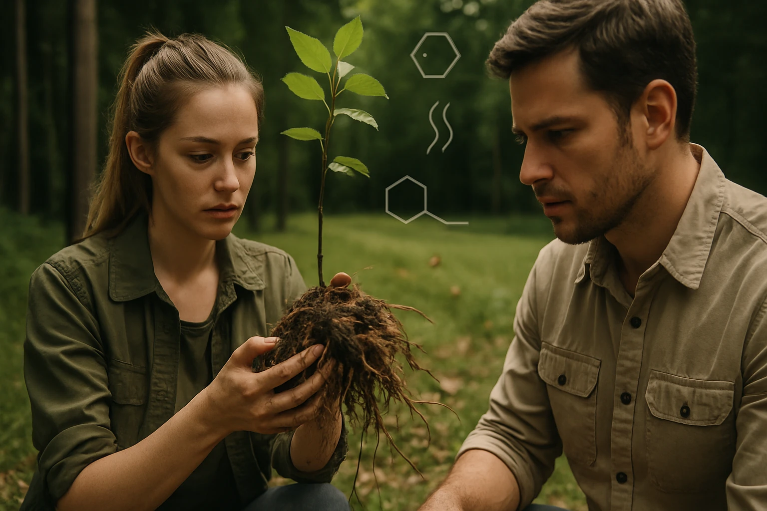 Két fiatal felnőtt egy kis fát tart a kezében, figyelmesen nézik.