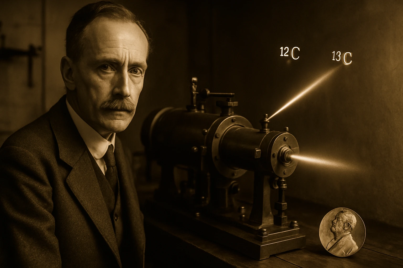Egy tudós ül egy régi műszer mellett, amely a szén izotópjait mutatja.