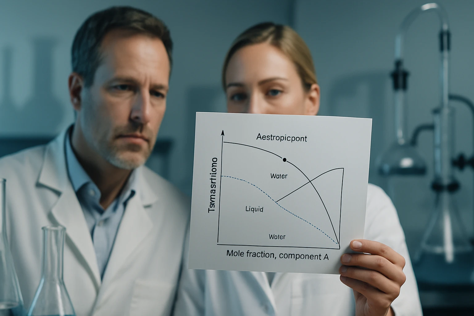 Két kutató egy diagramot vizsgál, amely a víz és más komponensek arányát mutatja.