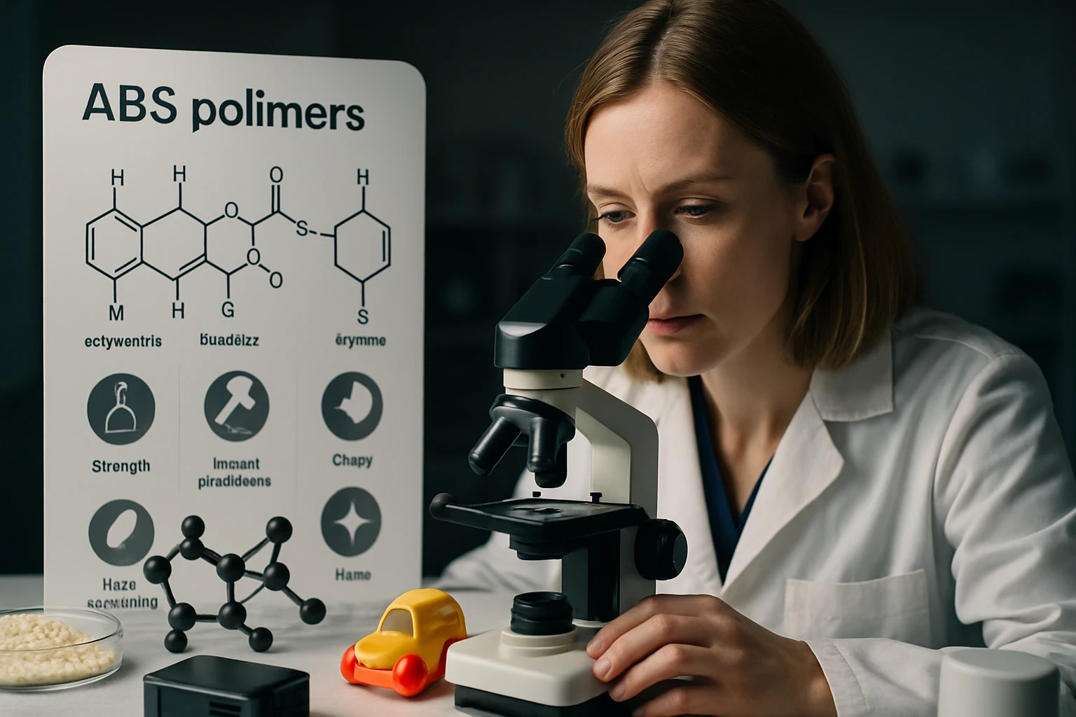 Egy nő mikroszkóppal vizsgál egy ABS polimert, háttérben kémiai struktúrák.