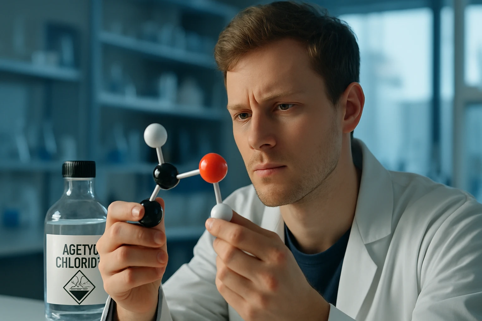 Egy fiatal kutató acetil-klorid molekulát vizsgál, miközben laboratóriumban dolgozik.