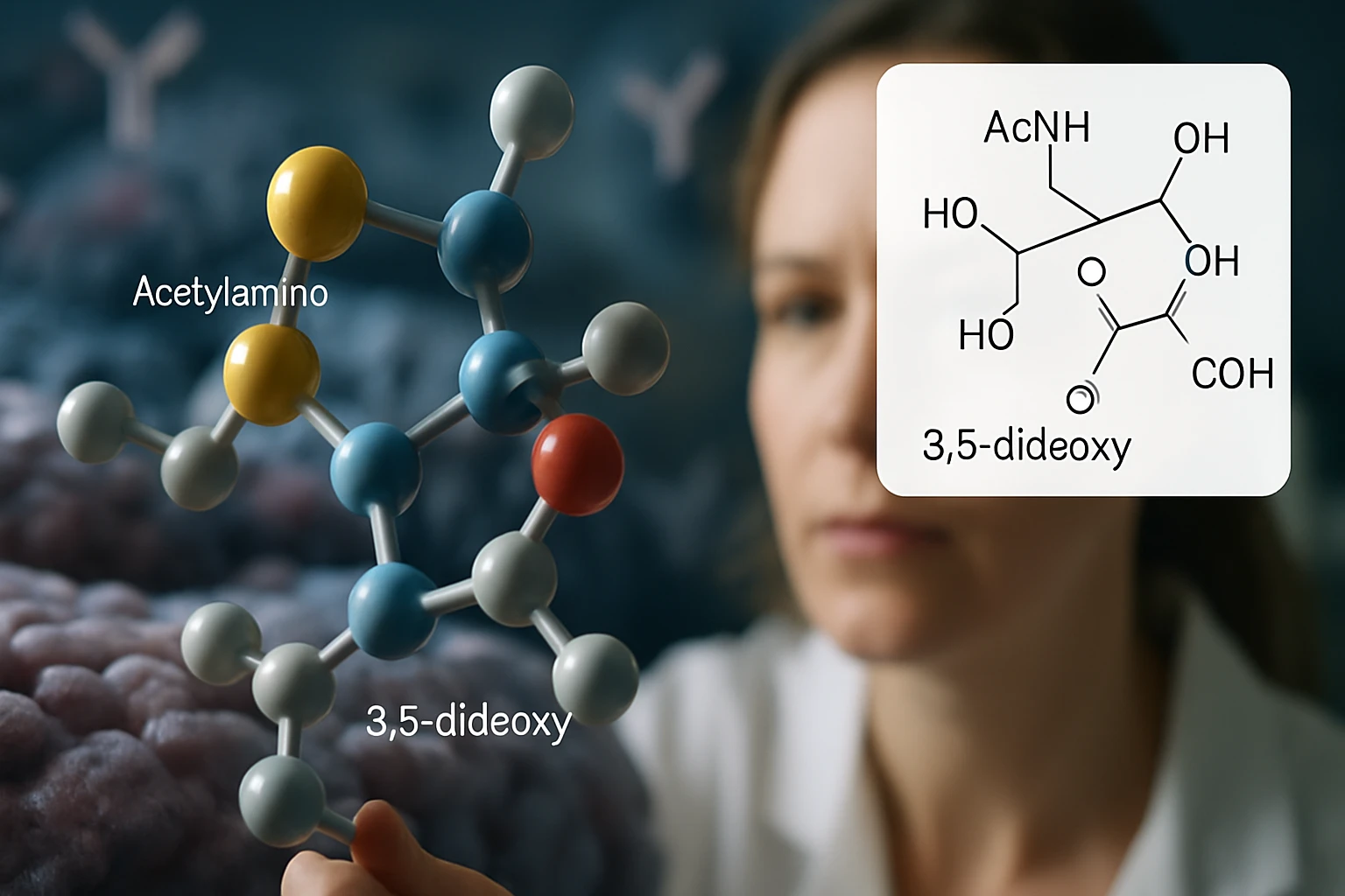 Egy nő a laborban egy acetilamin molekulát tart a kezében, háttérben kémiai struktúrák.