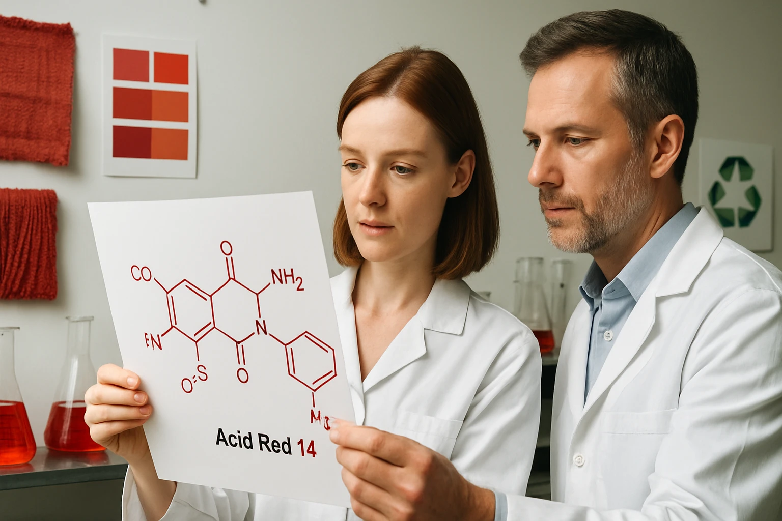 Két kutató egy kémiai szerkezetet tanulmányoz, amely az Acid Red 14 festéket ábrázolja.