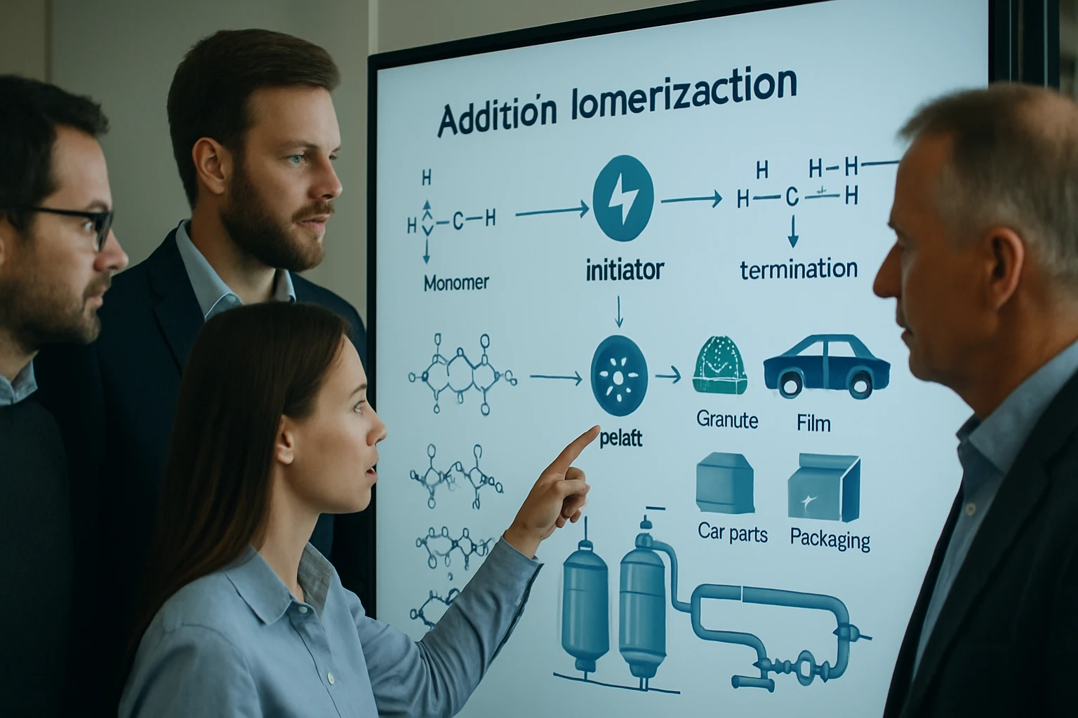 Négy szakember egy prezentáción figyeli az additív lomerizáció folyamatát.