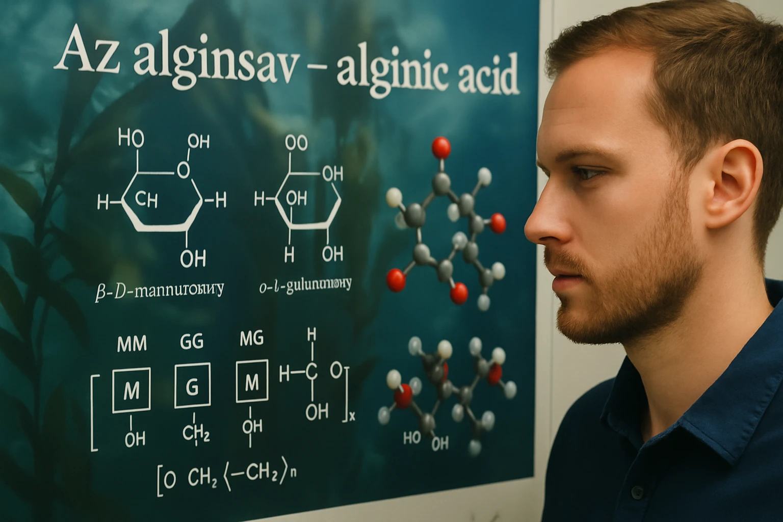 Egy férfi figyeli az alginsav molekuláris szerkezetét bemutató táblát.