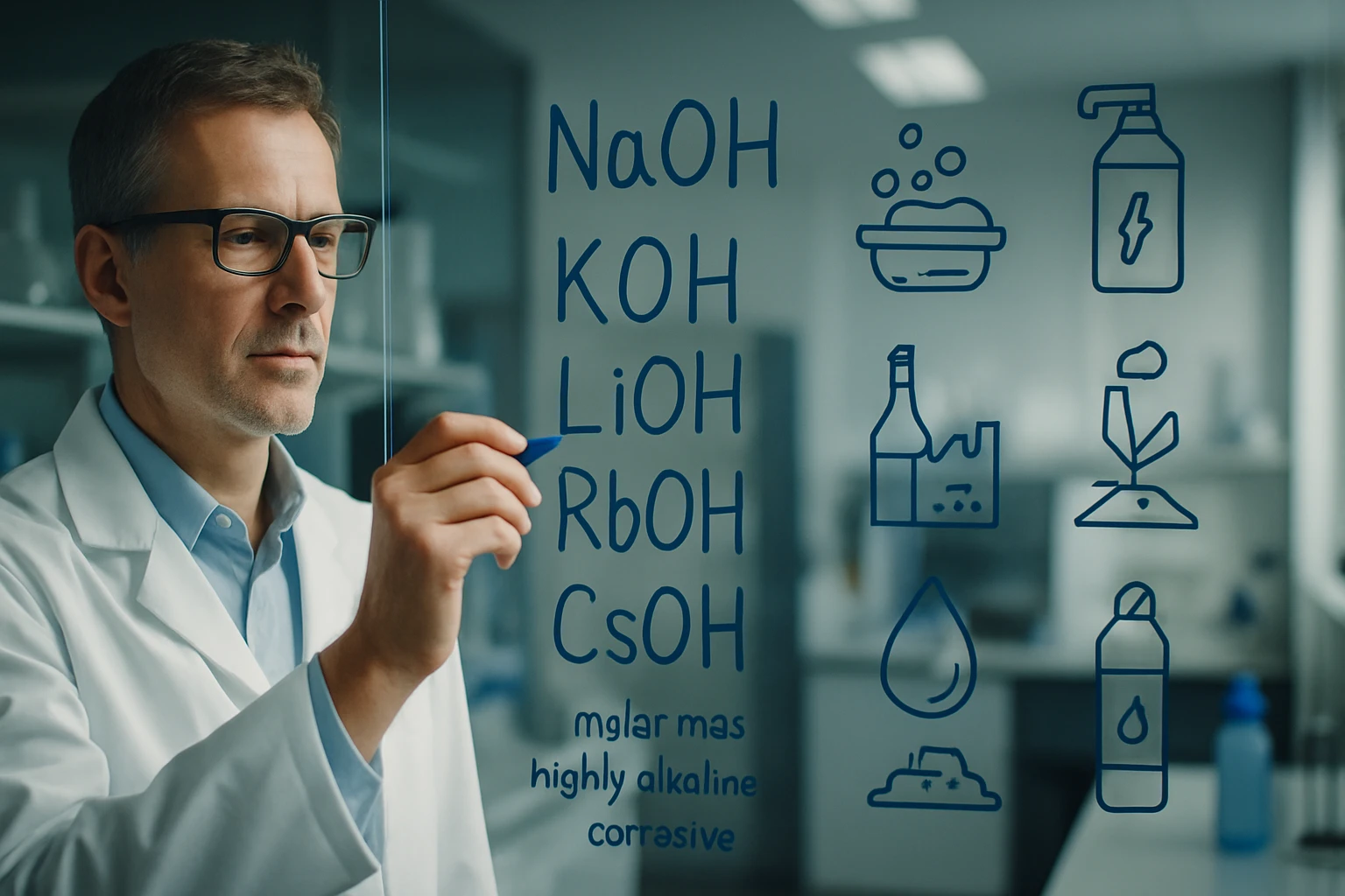 Egy tudós kémiai vegyületeket ír fel egy üvegfalra, beleértve a nátrium-hidroxidot és a kálium-hidroxidot.