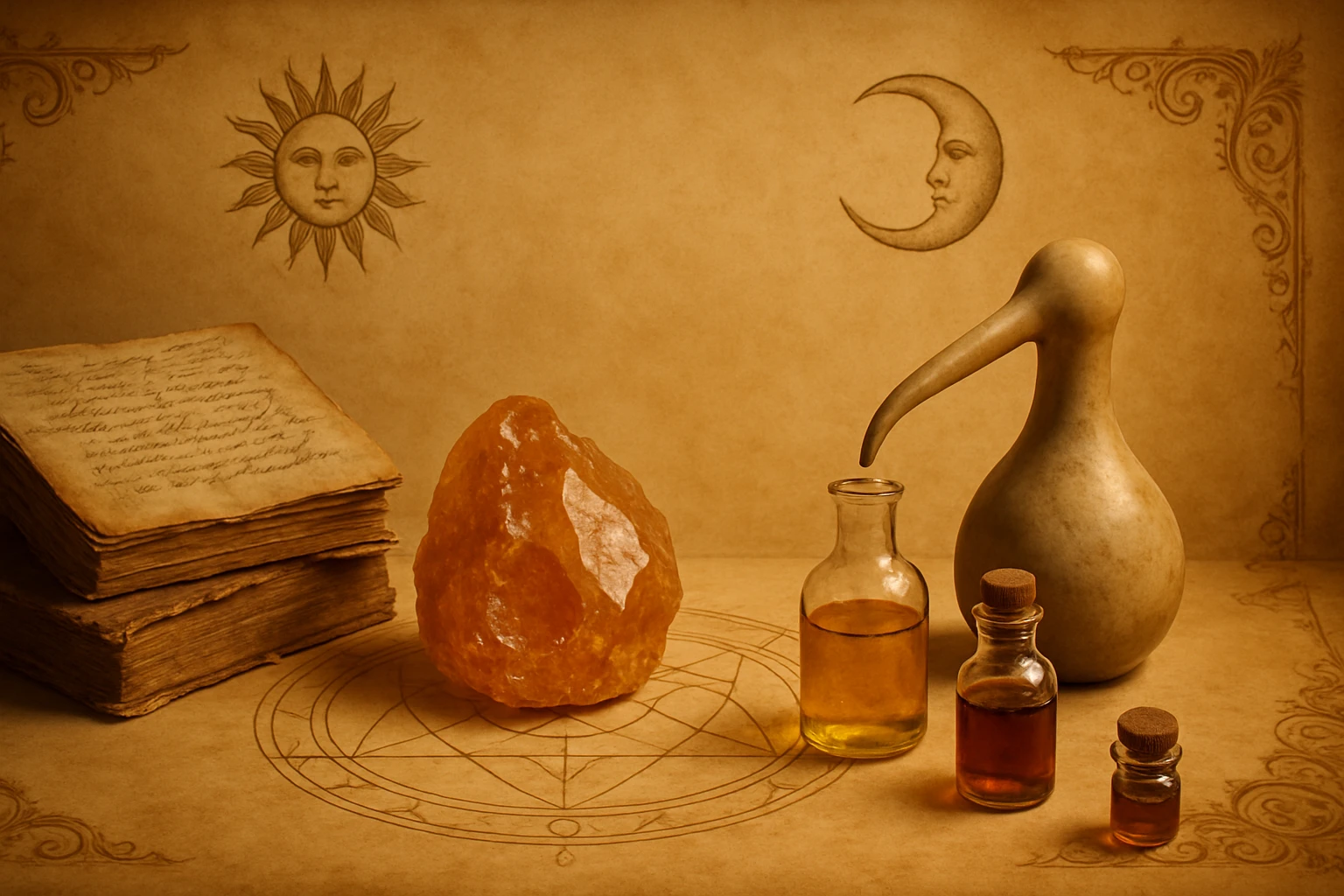 Kémiai eszközök és anyagok, köztük üvegpalackok és egy kristály, alkimista háttérrel.