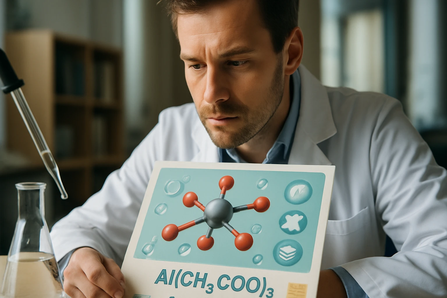 Egy tudós, aki az Al(CHO3)3 molekula szerkezetét tanulmányozza.