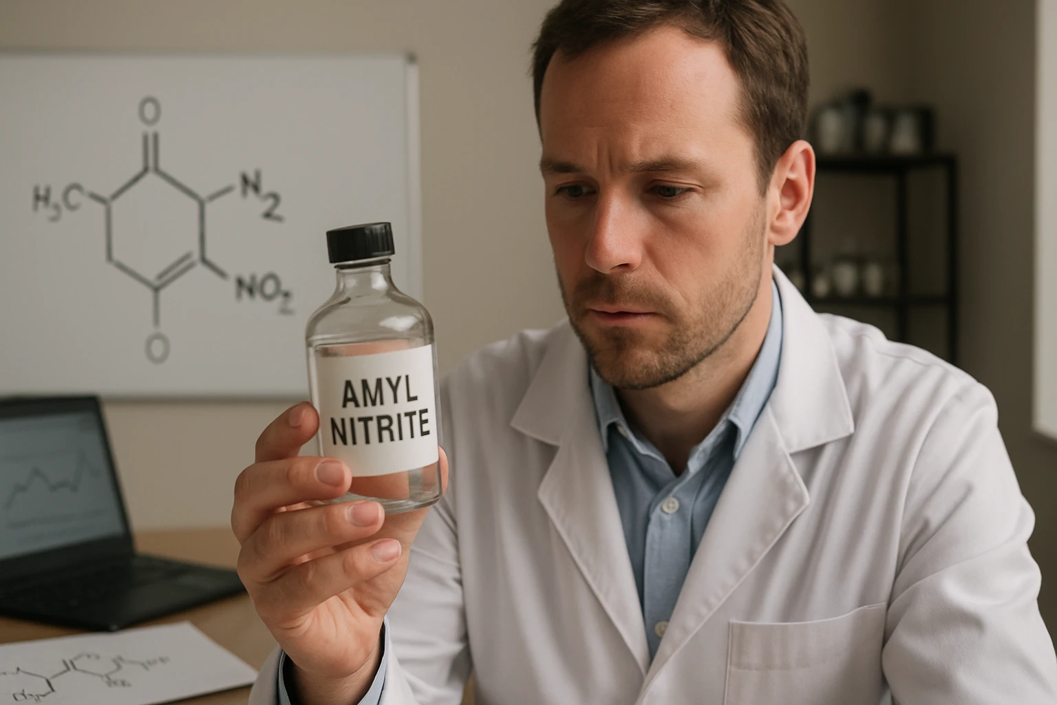 Egy férfi laboratóriumi köpenyben amil-nitritet tart a kezében, figyelmesen nézi.