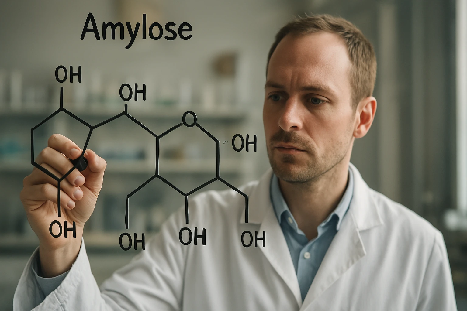 Egy tudós amilozt ábrázoló molekuláris modellt rajzol egy üvegre.