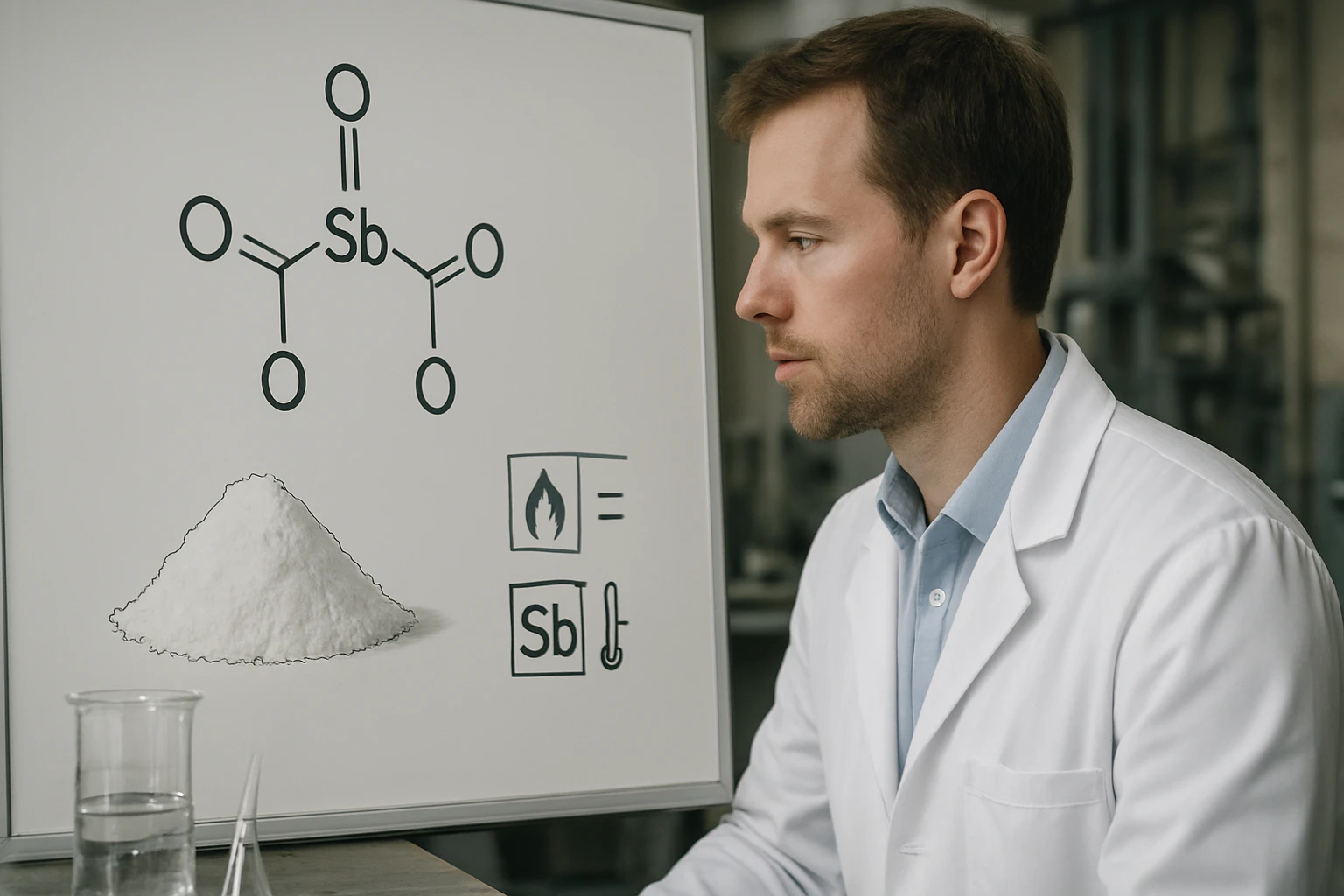Egy férfi laboratóriumban, antimon vegyületet tanulmányozva, kémiai diagrammal.