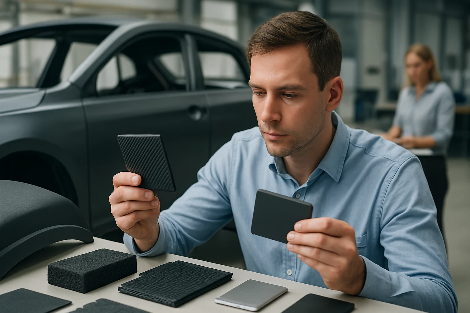 Egy férfi különböző anyagmintákat vizsgál egy autóipari környezetben.