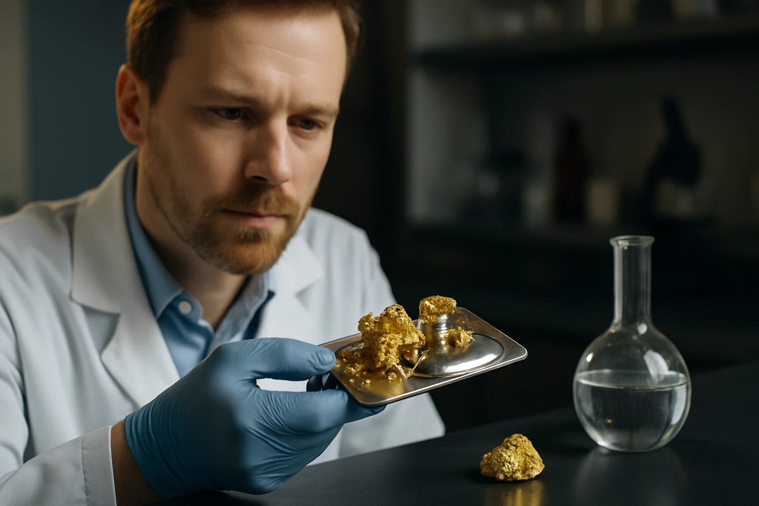 Egy laboratóriumban dolgozó tudós aranyrögöket vizsgál egy fém tálcán.